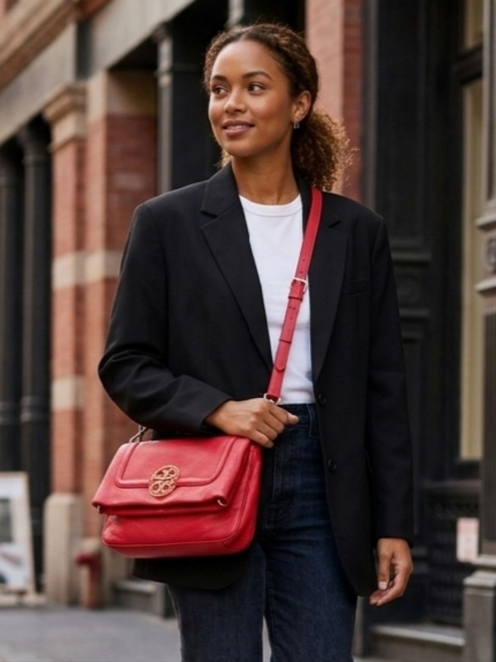 Tory Burch Amanda Red Pebbled Leather Fold over Crossbody Bag